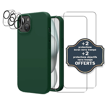 Evetane Coque iPhone 15 Vert Foret Silicone Liquide + 2 Protections écran et 2 protections Objectif Caméra