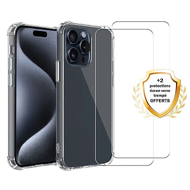 Evetane Coque iPhone 15 Pro Antichoc Silicone bords renforcés + 2 Vitres en verre trempé Protection écran