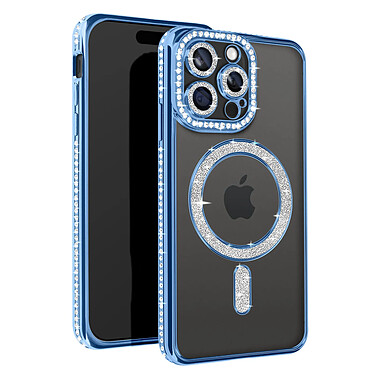 Avizar Coque Diamant pour iPhone 15 Pro Protection MagSafe Contour Strass Bleu Clair