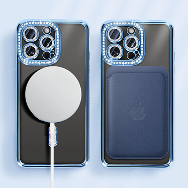 Avizar Coque Diamant pour iPhone 15 Pro Protection MagSafe Contour Strass Bleu Clair pas cher