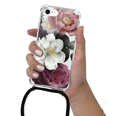 LaCoqueFrançaise Coque cordon iPhone 7/8/ iPhone SE 2020 noir Dessin Fleurs roses pas cher