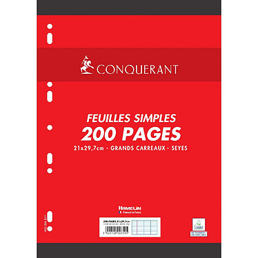 CONQUÉRANT Feuilles Simples A4 200 Pages 90g Grands Carreaux Sous Film Blanches