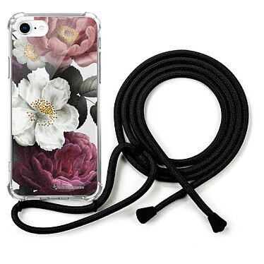 LaCoqueFrançaise Coque cordon iPhone 7/8/ iPhone SE 2020 noir Dessin Fleurs roses