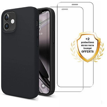 Evetane Coque iPhone 12 Mini Silicone liquide Noire + 2 Vitres en Verre trempé Protection écran Antichocs