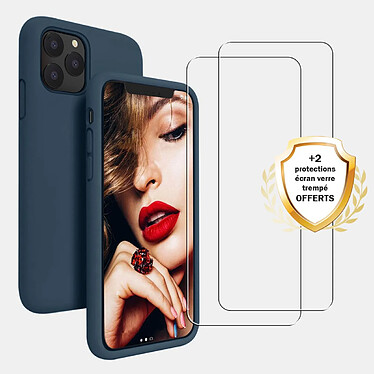 Evetane Coque iPhone 11 Pro Silicone liquide Bleu Marine + 2 Vitres en Verre trempé Protection écran Antichocs