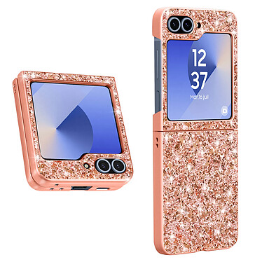 Avizar Coque Paillette pour Samsung Z Flip 6 Dos Rigide Contour Souple Rose Champagne