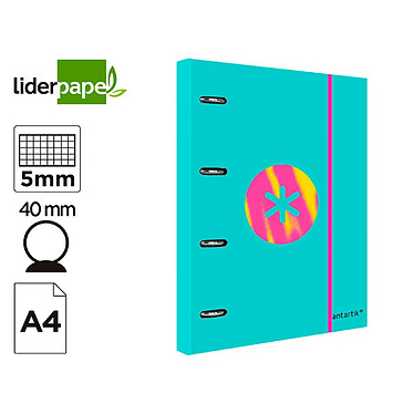 ANTARTIK Classeur liderpapel antartik trending topic 2020 4 anneaux ronds 40mm feuillet mobile a4 5x5mm coloris turquoise x 10