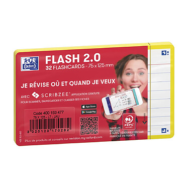 OXFORD Paquet de 32 Fiches Bristol flashcards 2.0 Non Perforées 75x125 mm A7 ligné jaune