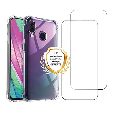 Evetane Coque Samsung Galaxy A40 Antichoc coins renforces Silicone + 2 Vitres en verre trempe Protection ecran