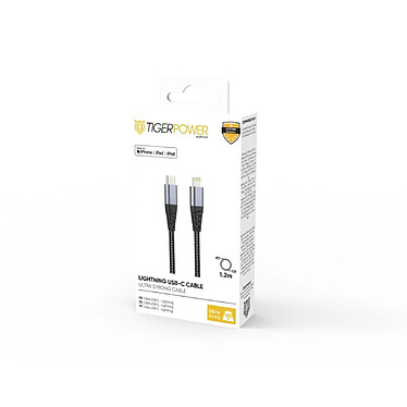 Avis Tiger Câble Lightning MFI vers USB-C Power Ultra-résistant Charge Rapide 3A 1,2m Gris