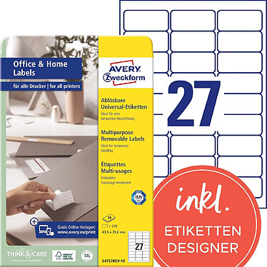 AVERY Paquet de 270 Etiquettes Stick+Lift Repositionnables 63,5 x 29,6 mm sur 10 feuilles Blanc