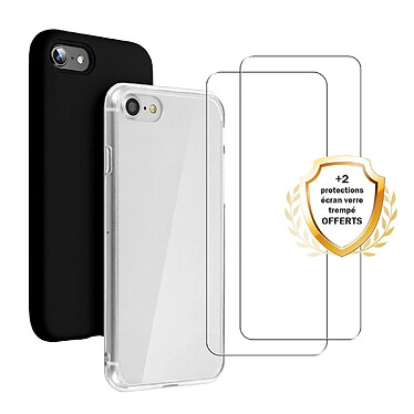 Evetane Lot de 2 Coques iPhone 7/8/ SE 2020/ SE 2022 transparente Motif et Noire Antichoc Silicone + 2 Vitres en verre trempé Protection écran