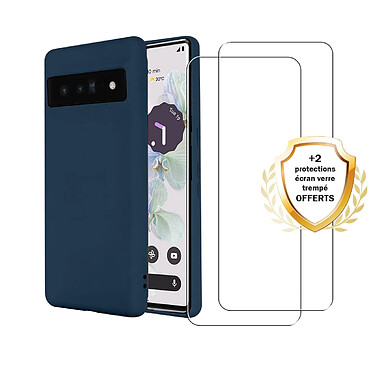 Evetane Coque Google Pixel 7 Silicone Liquide Bleue Marine + 2 Vitres en verre trempé Protection écran