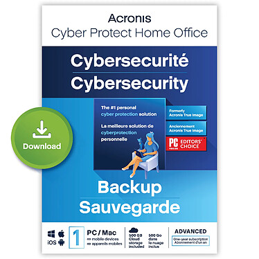 Acronis Cyber Protect Home Office Advanced 2023 - 250 Go - Licence 1 an - 1 PC/Mac + nombre illimité de terminaux  mobiles - A télécharger