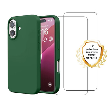 Evetane Coque iPhone 16 Silicone liquide Vert Foret + 2 Vitres en Verre trempe Protection ecran Antichocs