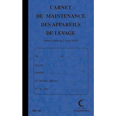 ELVE Piqûre 32 pages carnet maintenance p/ appareil de levage folioté de 1 à 15