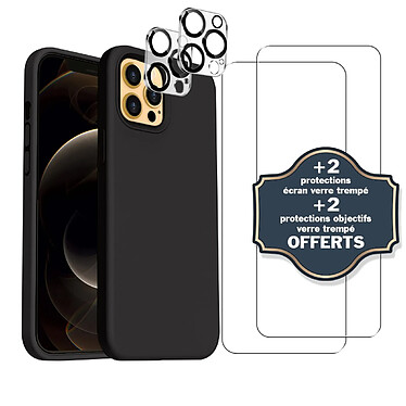 Evetane Coque iPhone 12 Pro Noire Silicone Liquide + 2 Protections écran et 2 protections Objectif Caméra