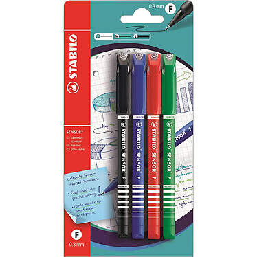 STABILO Blister x 4 stylos-feutres STABILO SENSOR - noir + bleu + rouge + vert