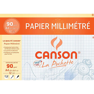 CANSON Pochete 12 feuilles Papier millimétré Bleu A4 90 g