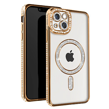 Avizar Coque Diamant pour iPhone 14 Protection MagSafe Contour Strass Dorée