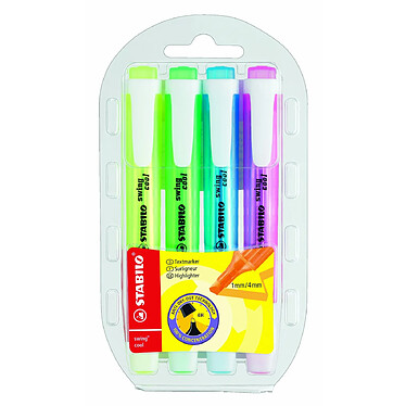 STABILO Etui de 4 Surligneurs de poche SWING COOL Pointe Biseautée 1 - 4 mm x 5