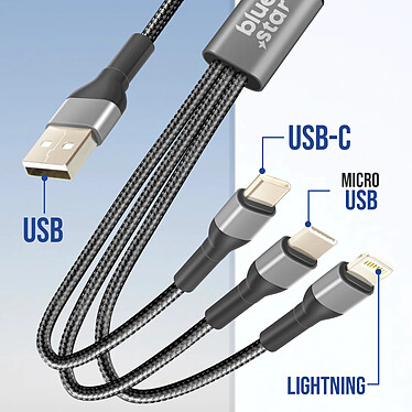 Avis Blue Star Câble USB vers Micro USB, USB C, iPhone Lightning Nylon Tressé 1.2m Noir