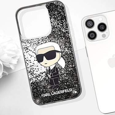 Avis Karl Lagerfeld Coque pour iPhone 15 Pro Motifs Paillettes Flottantes Bords Rehaussés Argent