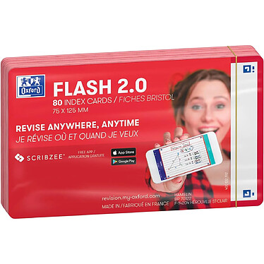 OXFORD Pack 80 Fiches Bristol Flash 2.0 - 7,5 x 12,5cm Fond Blanc Uni Cadre Rouge