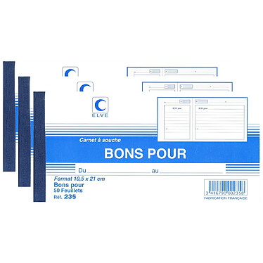 ELVE Carnet à Souche BONS POUR 105x210 50 Feuillets 80g avec Talon x 3