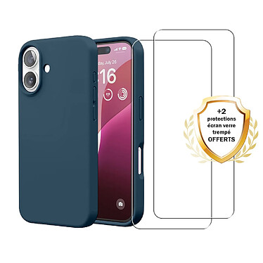 Evetane Coque iPhone 16 Silicone liquide Bleue Marine + 2 Vitres en Verre trempe Protection ecran Antichocs