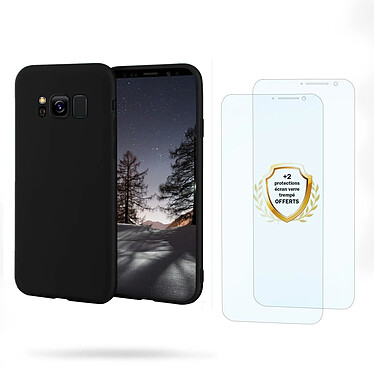 Evetane Coque Samsung Galaxy S8 Noire Silicone liquide + 2 Vitres en Verre trempé Protection écran Antichocs