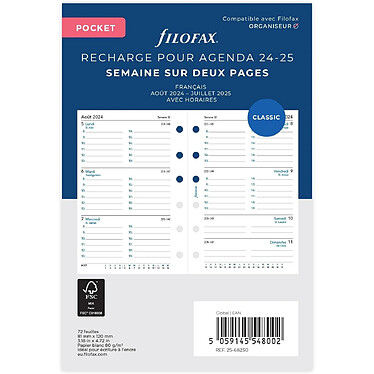 FILOFAX Recharge 1 Semaine sur 2 pages - français - académique - Format Pocket