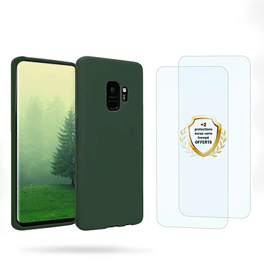 Evetane Coque Samsung Galaxy S9 Vert Foret Silicone liquide + 2 Vitres en Verre trempé Protection écran Antichocs