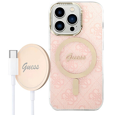 Guess Pack MagSafe pour iPhone 14 Pro Max Coque Motif et Chargeur MagSafe Rose