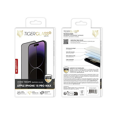 Avis Tiger Verre Trempé pour iPhone 15 Pro Max Recyclé Confidentiel Ultra-résistant Noir transparent