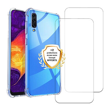 Evetane Coque Samsung Galaxy A50 Antichoc coins renforcés Silicone + 2 Vitres en verre trempé Protection écran