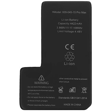 Clappio Batterie sans BMS pour iPhone 15 Pro Max 4422mAh Sans message d'erreur Noir