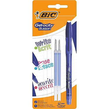 BIC Blister 3 GEL-OCITY® ILLUSION® Pointe moyenne / Bleu Stylo encre gel effaçable