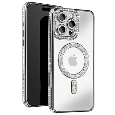 Avizar Coque Diamant pour iiPhone 16 Pro Protection MagSafe Contour Strass Argent