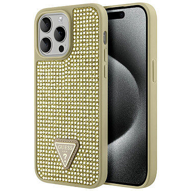 Guess Coque Strass pour iPhone 15 Pro Bords Sureleves Traingle Diamond Dorée pas cher