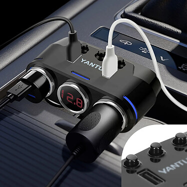 Avis Avizar Chargeur Voiture Pliable 90° 100W Multiprise 2x Allume-cigare 2x USB Noir