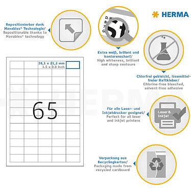 Acheter HERMA Boîte de 1625 Etiquettes SuperPrint 38,1x21,2mm sur A4 Détachables Blanc