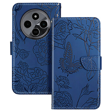 Avizar Étui pour Xiaomi Redmi 14C Portefeuille Fleur Papillon avec Dragonne Bleu Nuit