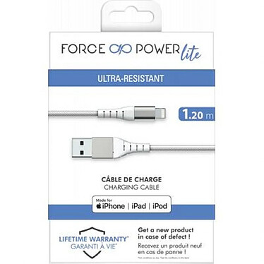 Force Power Câble Renforcé USB A / Lightning 2.4A Résistant à 12 000 Flexions MFi 1.2m Blanc pas cher