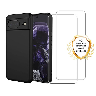 Evetane Coque Google Pixel 8 Silicone liquide Noire + 2 Vitres en Verre trempe Protection ecran Antichocs