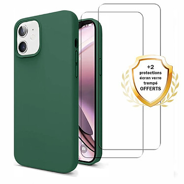 Evetane Coque iPhone 11 Silicone liquide Vert Foret + 2 Vitres en Verre trempé Protection écran Antichocs