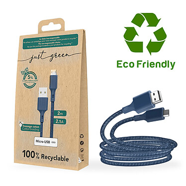 Avis Just Green Câble Écologique USB vers Micro-USB Intensité 2.1A 2m Recyclable  bleu roi