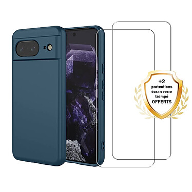 Evetane Coque Google Pixel 8 Silicone liquide Bleue Marine + 2 Vitres en Verre trempe Protection ecran Antichocs