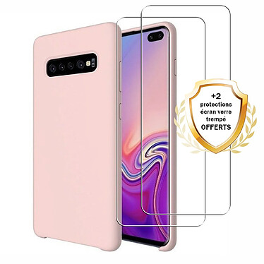 Evetane Coque Samsung Galaxy S10 Rose Silicone liquide+ 2 Vitres en Verre trempé Protection écran Antichocs