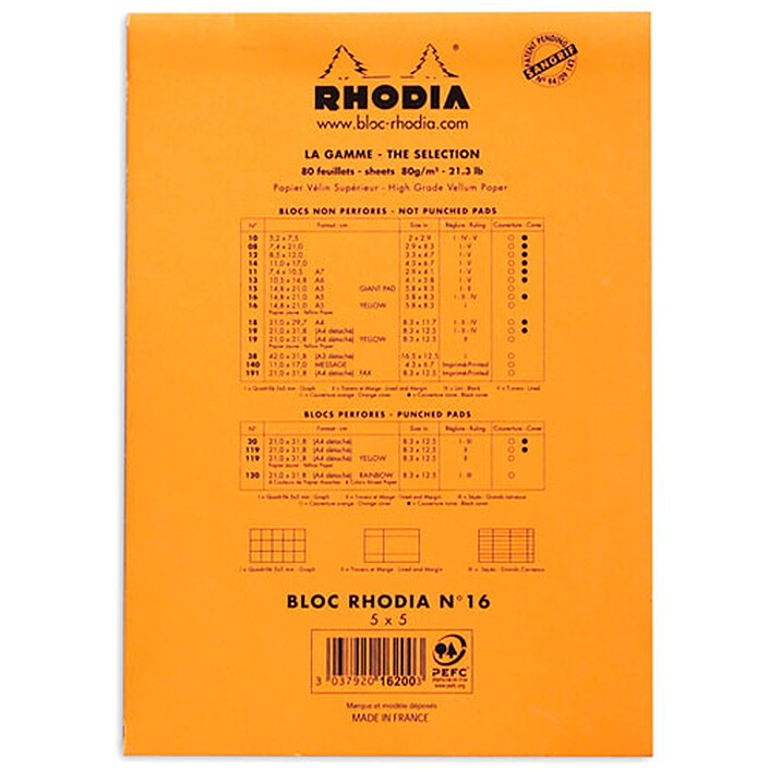 Avis Rhodia Bloc N°16 Orange agrafé en-tête 14.8 x 21 cm quadrillé 5 x 5 160 pages